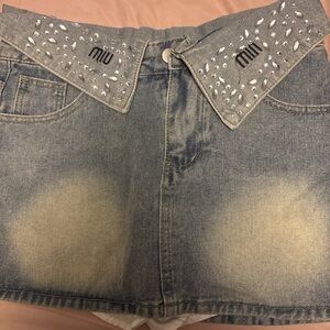 Miu Miu Embellished Gray Denim Mini Skirt